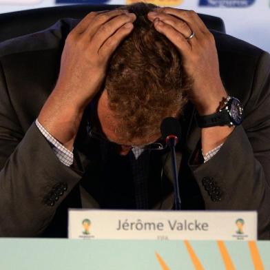 FIFA Secretary General Jerome Valcke gestures before a press conference during his visit to the Maracana Stadium, in Rio de Janeiro on August 22, 2013. The Maracana Stadium will host the final match of the Brazil 2014 FIFA World Cup football tournament on  2014. AFP PHOTO/VANDERLEI ALMEIDA