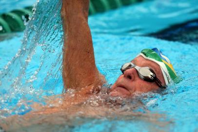 MONTREAL, QC - AUGUST 04: Anton Biedermann of Brazil competes in the Men's 200m Backstroke at Parc Jean-Drapeau during the 15th FINA World Masters Championships on August 04, 2014 in Montreal, Canada.   Vaughn Ridley/Getty Images/AFP