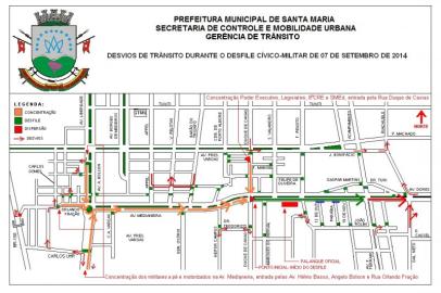 SANTA MARIA - Mapa de alteração do trânsito para o desfile do dia 20 de setembro