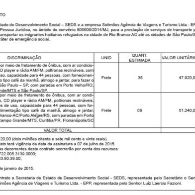 Reprodução do Diário Oficial do Acre, com a contratação de oito ônibus para trazer imigrantes haitianos a Porto Alegre