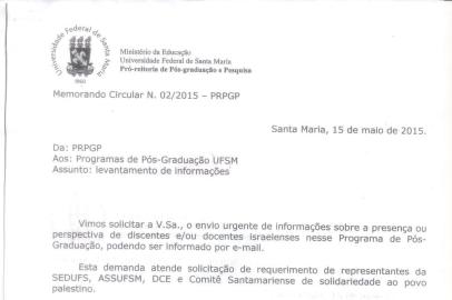 SANTA MARIA, RS, BRASIL, 04-06-2015 Memorando da Pró-reitoria de Pós-graduação e Pesquisa da Universidade Federal de Santa Maria (UFSM) causa polêmica ao tratar da "a presença ou perspectiva de discentes e/ou docentes israelenses nos programas de pós-graduação". O jornalista e professor da UFRGS, Luis Milman, protocolou notícia de crime alegando desrespeito à Constituição por discriminação ou preconceito de raça, cor, etnia, religião ou procedência nacional.