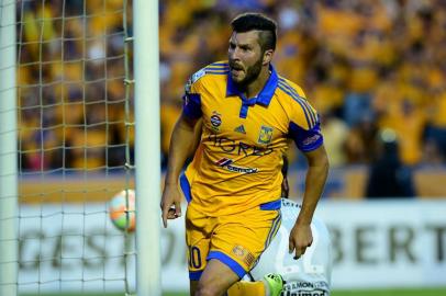 Mexico's Tigres' Andre Gignac celebrates his goal against Internacional of Brazil during their Libertadores Cup semi-final second leg football match at the Universitario Stadium in Monterrey, Nuevo Leon State, Mexico on July 22, 2015.  AFP PHOTO/RONALDO SCHEMIDT