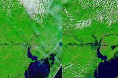 Imagens de satélite (NASA) mostra rios que desaguam no Guaíba antes e depois da chuvarada.