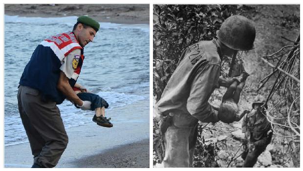 Montagem sobre fotos de Dogan News / AFP e W. Eugene Smith