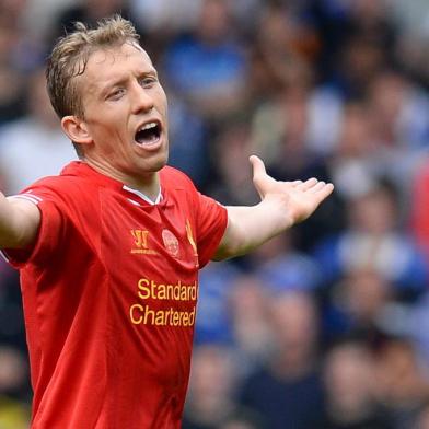 Liverpool's Brazilian midfielder Lucas Leiva reacts during the English Premier League football match between Liverpool and Chelsea at Anfield Stadium in Liverpool, northwest England, on April 27, 2014. Chelsea won the match 2-0. AFP PHOTO / ANDREW YATESRESTRICTED TO EDITORIAL USE. NO USE WITH UNAUTHORIZED AUDIO, VIDEO, DATA, FIXTURE LISTS, CLUB/LEAGUE LOGOS OR LIVE SERVICES. ONLINE IN-MATCH USE LIMITED TO 45 IMAGES, NO VIDEO EMULATION. NO USE IN BETTING, GAMES OR SINGLE CLUB/LEAGUE/PLAYER PUBLICATIONS