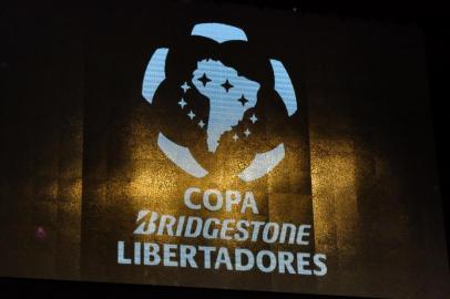 Partial view of the stage and the Copa Libertadores trophy just before the start of the Copa Libertadores draw, at the Conmebol headquarters on December 2, 2014 in Luque, Paraguay. The Libertadores will be held from January to June 2015.   AFP PHOTO / Norberto Duarte