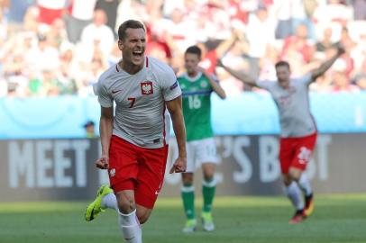 FBL-EURO-2016-MATCH6-POL-NIRPolands forward Arkadiusz Milik (C) celebrates his goal during the Euro 2016 group C football match between Poland and Northern Ireland at the Allianz Riviera stadium in Nice on June 12, 2016. Valery HACHE / AFP