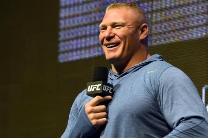 LAS VEGAS, NV - JULY 07: Mixed martial artist Brock Lesnar smiles as he takes questions from members of the media during an open workout for UFC 200 at T-Mobile Arena on July 7, 2016 in Las Vegas, Nevada. Lesnar will face Mark Hunt on July 9 in Las Vegas in a heavyweight bout that will serve as UFC 200s main event after Jon Jones was pulled from his light heavyweight title fight against Daniel Cormier due to a potential violation of the UFCs anti-doping policy.   Ethan Miller/Getty Images/AFP