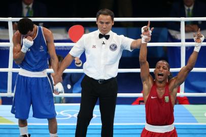  RIO DE JANEIRO, RJ, BRASIL - Robson Conceição bate francês e fatura o ouro no boxe olímpico.