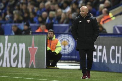 Sevilla's Argentinian coach Jorge Sampaoli walks on the touchline during the UEFA Champions League round of 16 second leg football match between Leicester City and Sevilla at the King Power Stadium on March 14, 2017. / AFP PHOTO / Oli SCARFF