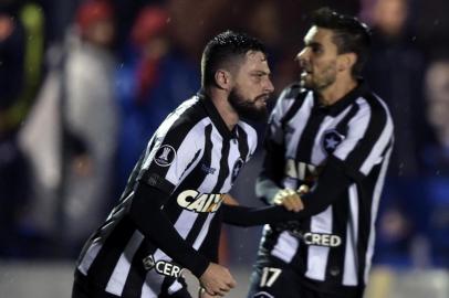 Brazils Botafogo player João Paulo (L) celebrates with teammate Rodrigo Pimpão after scoring against Uruguays Nacional during their Copa Libertadores football match at the Parque Central stadium in Montevideo on July 6, 2017.    / AFP PHOTO / MIGUEL ROJO