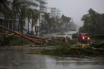 MIAMI BEACH, FL - SEPTEMBER 10: A vehicle passes downed palm trees and two cyclists attempt to ride as Hurricane Irma passed through the area on September 10, 2017 in Miami Beach, Florida. Florida is taking a direct hit by the Hurricane which made landfall in the Florida Keys as a Category 4 storm on Sunday, lashing the state with 130 mph winds as it moves up the coast. Joe Raedle/Getty Images/AFP 