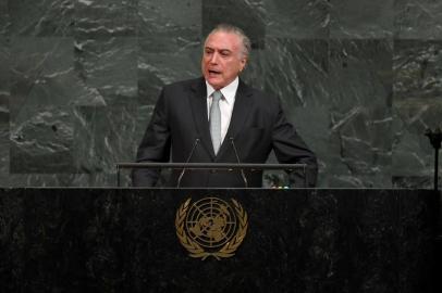 Brazilian President Michel Temer speaks during the 72nd session of the General Assembly at the United Nations in New York on September 19, 2017. / AFP PHOTO / TIMOTHY A. CLARY