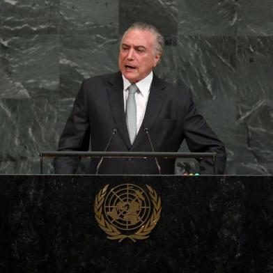 Brazilian President Michel Temer speaks during the 72nd session of the General Assembly at the United Nations in New York on September 19, 2017. / AFP PHOTO / TIMOTHY A. CLARY