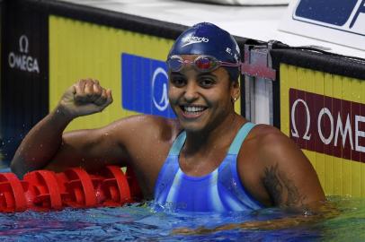 Brazils Etiene Medeiros reacts after competing in a womens 50m backstroke semi-final during the swimming competition at the 2017 FINA World Championships in Budapest, on July 26, 2017.  / AFP PHOTO / CHRISTOPHE SIMON