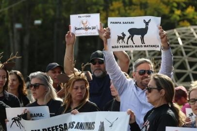  

GRAVATAÍ-RS-BRASIL- 07/10/2017- Protesto de ativistas contra abate de animais. Após decisão judicial derrubada a  liminar que suspendia o abate de 400 cervos com suspeita de tuberculose bovina, ativistas realizam  um protesto em frente ao Pampas Safari, na RS 020. FERNANDO GOMES/ZERO HORA.