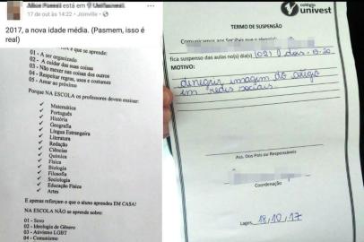  

Aluna suspensa por ter colocado nas redes sociais críticas a grade curricular da escola. Univest em Joinville