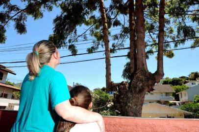  CAXIAS DO SUL, RS, BRASIL, 02/11/2017. Luciane Ghedine Stallivieri, 42 anos, e a filha Isabela, 5 anos, pedem, junto com o esposo Gustavo, há anos para que a prefeitura pode algumas árvores que ficam na calçada e podem cair em cima da residência, na Rua Emanuel Boniatti n° 155, bairro São Leopoldo. Quando Gustavo podou outra árvore, foi multado pela prefeitura. (Diogo Sallaberry/Agência RBS)