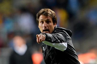 Argentinas Lanus coach Guillermo Barros Schelotto gestures during the Copa Libertadores 2014 match against Chiles OHiggins, at El Teniente stadium in Rancagua, Chile, on April 8, 2014.    AFP PHOTO/MARTIN BERNETTI