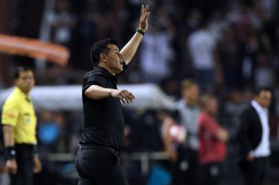 The coach of Argentinas Lanus, Jorge Almiron, gestures during their Copa Libertadores semifinal second leg football match against Argentinas River Plate in Lanus, on the outskirts of Buenos Aires, on October 31, 2017. / AFP PHOTO / Eitan ABRAMOVICH