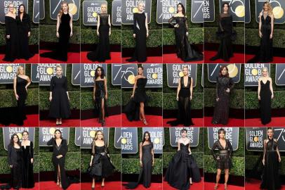 (COMBO) This combination of pictures created on January 8, 2018, shows (From top - L to R) Meryl Streep (L) and Ai-jen Poo, Jessica Chastain, Nicole Kidman, Saoirse Ronan, Penelope Cruz, Angelina Jolie, Laura Dern, Dakota Johnson, Reese Witherspoon, Elizabeth Moss, Kerry Washington, Heidi Klum, Kate Hudson, Isabelle Huppert, Emilia Clarke, Salma Hayek (L) and Ashley Judd, America Ferrera (L) and Natalie Portman, Eva Longoria, Sarah Jessica Parker, Naomi Campbell, Alison Brie, Halle Berry, Diane Kruger, Jessica Biel, Margot Robbie, Catherine Zeta-Jones, Kendall Jenner, Gillian Anderson, Mariah Carey, Michelle Pfeiffer, Christina Hendricks and Viola Davis arriving to attend the 75th Annual Golden Globe Awards at the Beverly Hilton Hotel on January 7, 2018 in Beverly Hills, wearing a black dress to draw attention to sexual harassment in showbiz and other industries, a culture of abuse revealed in the downfall of mogul Harvey Weinstein and others. / AFP PHOTO / Getty Images North America AND AFP PHOTO