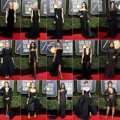 (COMBO) This combination of pictures created on January 8, 2018, shows (From top - L to R) Meryl Streep (L) and Ai-jen Poo, Jessica Chastain, Nicole Kidman, Saoirse Ronan, Penelope Cruz, Angelina Jolie, Laura Dern, Dakota Johnson, Reese Witherspoon, Elizabeth Moss, Kerry Washington, Heidi Klum, Kate Hudson, Isabelle Huppert, Emilia Clarke, Salma Hayek (L) and Ashley Judd, America Ferrera (L) and Natalie Portman, Eva Longoria, Sarah Jessica Parker, Naomi Campbell, Alison Brie, Halle Berry, Diane Kruger, Jessica Biel, Margot Robbie, Catherine Zeta-Jones, Kendall Jenner, Gillian Anderson, Mariah Carey, Michelle Pfeiffer, Christina Hendricks and Viola Davis arriving to attend the 75th Annual Golden Globe Awards at the Beverly Hilton Hotel on January 7, 2018 in Beverly Hills, wearing a black dress to draw attention to sexual harassment in showbiz and other industries, a culture of abuse revealed in the downfall of mogul Harvey Weinstein and others. / AFP PHOTO / Getty Images North America AND AFP PHOTO