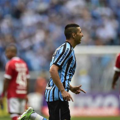  PORTO ALEGRE, RS, BRASIL, 09-11-2014: Grêmio e Inter se enfrentam pelo GRE-NAL 403, na Arena do Grêmio, pela 33ª rodada do Brasileirão. Comemoração do quarto gol, jogador Alán Ruiz (Foto: RICARDO DUARTE/AGÊNCIA RBS, ESPORTES)