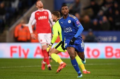 Leicester Citys Nigerian striker Kelechi Iheanacho celebrates scoring the teams first goalduring the English FA Cup third round replay football match between Leicester City and Fleetwood Town at King Power Stadium in Leicester, central England on January 16, 2018. / AFP PHOTO / Paul ELLIS / RESTRICTED TO EDITORIAL USE. No use with unauthorized audio, video, data, fixture lists, club/league logos or live services. Online in-match use limited to 75 images, no video emulation. No use in betting, games or single club/league/player publications.  / 