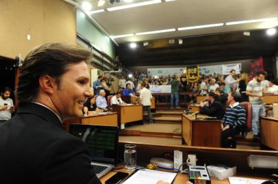  CAXIAS DO SUL, RS, BRASIL (01/02/2018). Legislativo Caxiense 2018. Presidente Alberto meneguzzi recebe a presença do prefeito Daniel Guerra na abertura do Legislativo de caxias do Sul, em 2018.  (Roni Rigon/Pioneiro).