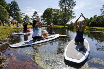  CAPÃO DA CANOA, RS, BRASIL - 11/02/2018 - Aula de yoga no stand up paddle em Capão da Canoa. (Félix Zucco/Agência RBS)