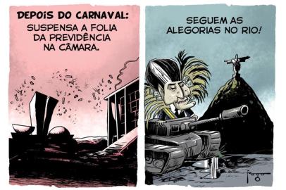 Charge sobre a dificuldade do governo para aprovar a reforma da Previdência e o anúncio de intervenção federal no Rio de Janeiro.