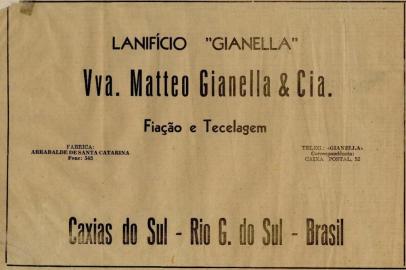 Anúncios publicados na primeira edição do jornal Pioneiro em 4 de novembro de 1948. Lanifício Gianella