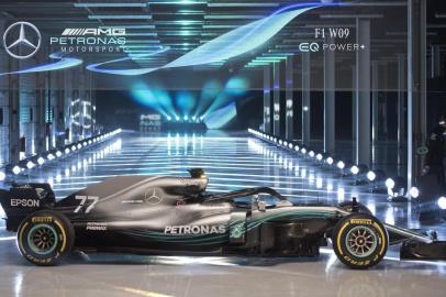 The new 2018 season Mercedes-AMG F1 W09 EQ Power+ Formula One car is pictured during the launch at Silverstone motor racing circuit near Towcester, central England on February 22, 2018.  / AFP PHOTO / Justin TALLIS