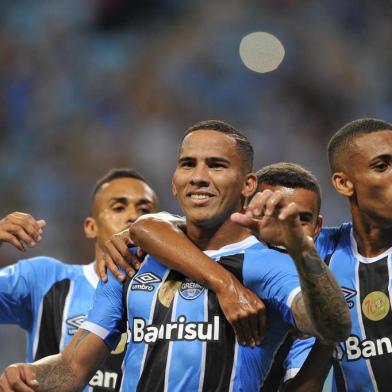 Grêmio x Novo Hamburgo, na Arena do Grêmio, em Porto Alegre, pela 9ª rodada do Gauchão. Na foto, Jael comemora seu primeiro gol no Grêmio, de pênalti (o terceiro gol do time na partida)