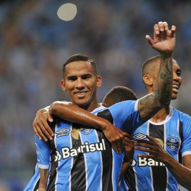 Grêmio x Novo Hamburgo, na Arena do Grêmio, em Porto Alegre, pela 9ª rodada do Gauchão. Na foto, Jael comemora seu primeiro gol no Grêmio, de pênalti (o terceiro gol do time na partida)