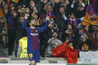  Barcelonas Argentinian forward Lionel Messi celebrates a goal during the UEFA Champions League round of sixteen second leg  football match between FC Barcelona and Chelsea FC at the Camp Nou stadium in Barcelona on March 14, 2018. / AFP PHOTO /Editoria: SPOLocal: BarcelonaIndexador: PAU BARRENASecao: soccerFonte: AFPFotógrafo: STR