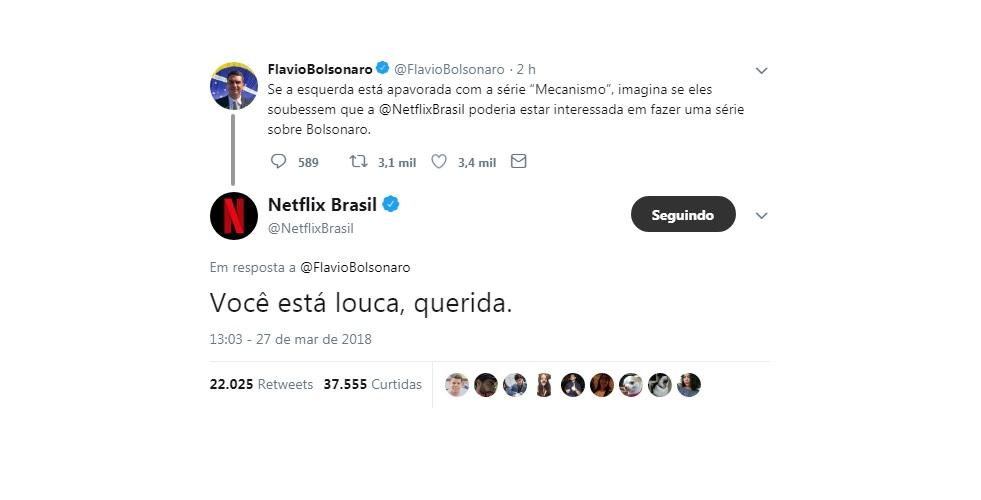 Você está louca, querida, dispara Netflix para Flávio Bolsonaro