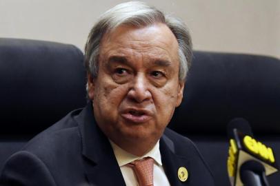  UN Secretary General Antonio Guterres speaks at a press conference after the opening of the Ordinary Session of the Assembly of Heads of State and Government during the 30th annual African Union summit in Addis Ababa on January 28, 2018. / AFP PHOTO / SIMON MAINAEditoria: POLLocal: Addis AbabaIndexador: SIMON MAINASecao: diplomacyFonte: AFPFotógrafo: STF