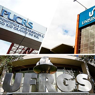 Detalhes das fachadas das universidades PUCRS, UFRGS e Unisinos.