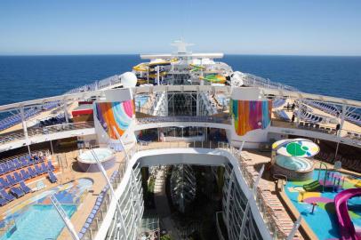 Launch of Symphony of the Seas, Royal Caribbean Internationals newest and largest ship.Aerial view of deck.