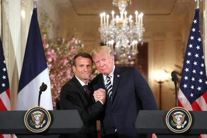 US President Donald Trump and French President Emmanuel Macron hold a joint press conference.US President Donald Trump and French President Emmanuel Macron hold a joint press conference at the White House in Washington, DC, on April 24, 2018. / AFP PHOTO / Ludovic MARINEditoria: POLLocal: WashingtonIndexador: LUDOVIC MARINSecao: diplomacyFonte: AFPFotógrafo: STF