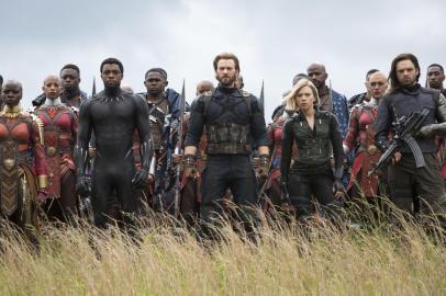 Marvel Studios' AVENGERS: INFINITY WAR..L to R: Okoye (Danai Gurira), Black Panther/T'Challa (Chadwick Boseman), Captain America/Steve Rogers (Chris Evans), Black Widow/Natasha Romanoff (Scarlet Johansson) and Winter Soldier/Bucky Barnes (Sebastian Stan)..Photo: Chuck Zlotnick..Â©Marvel Studios 2018