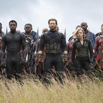 Marvel Studios AVENGERS: INFINITY WAR..L to R: Okoye (Danai Gurira), Black Panther/TChalla (Chadwick Boseman), Captain America/Steve Rogers (Chris Evans), Black Widow/Natasha Romanoff (Scarlet Johansson) and Winter Soldier/Bucky Barnes (Sebastian Stan)..Photo: Chuck Zlotnick..Â©Marvel Studios 2018