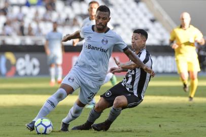 RIO DE JANEIRO, RJ - 28.04.2018: BOTAFOGO X GREMIO - Paulo Miranda e Leo Valencia durante Botafogo x Grêmio realizada no Estádio Nilton Santos, pela 3ª rodada do Campeonato Brasileiro, no Rio de Janeiro, RJ. (Foto: Celso Pupo/Fotoarena/Lancepress!)