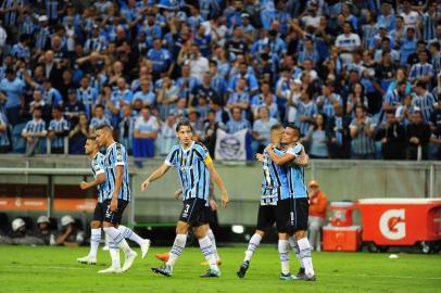  PORTO ALEGRE, RS, BRASIL, 01.05.2018. Grêmio enfrenta o Cerro Porteño, na Arena, em partida válida pela fase de grupos da Copa Libertadores 2018. Na foto, comemoração do quinto gol, marcado por Cícero.Foto: André Ávila/Agência RBS