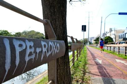  PORTO ALEGRE-RS-BRASIL- 10/05/2018- Árvores da Av. Ipiranga foram identificadas nome de espécie   na cerca da ciclovia.  FOTO FERNANDO GOMES/ ZERO HORA.