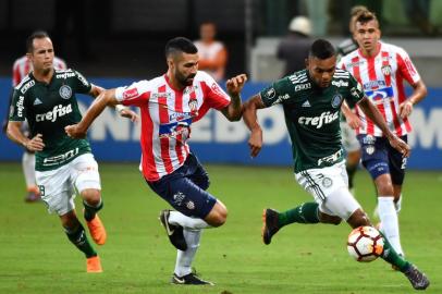 Miguel Borja (R) of Brazil's Palmeiras, vies for the ball with Jonathan Avila (C) of Colombia's Junior, during their 2018 Copa Libertadores football match held at the Allianz Parque stadium, in Sao Paulo, Brazil on May 16, 2018. / AFP PHOTO / NELSON ALMEIDA