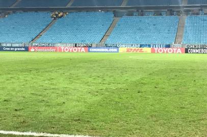 Gramado da Arena após a partida do Grêmio contra o Defensor, pela última rodada do Grupo A da Libertadores.