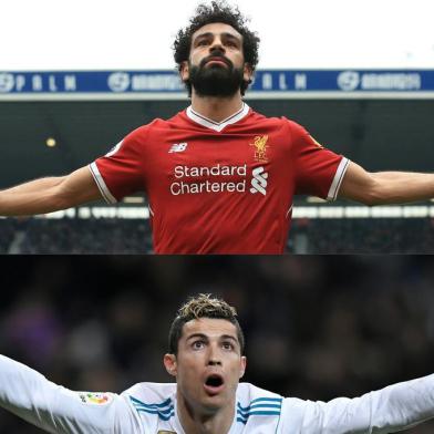 (COMBO) This combination of pictures created on May 23, 2018 shows Liverpools Egyptian midfielder Mohamed Salah on April 21, 2018 during an English Premier League football match in West Bromwich, and Real Madrids Portuguese forward Cristiano Ronaldo (bottom) during a Spanish league football match in Madrid on February 10, 2018.Real Madrid CF and Liverpool FC will play the UEFA Champions League final football match in Kiev on May 26, 2018. / AFP PHOTO / Lindsey PARNABY AND GABRIEL BOUYS / RESTRICTED TO EDITORIAL USE. No use with unauthorized audio, video, data, fixture lists, club/league logos or live services. Online in-match use limited to 75 images, no video emulation. No use in betting, games or single club/league/player publications.  / 