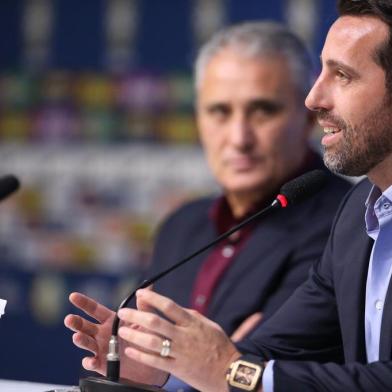 Titee Edu Gaspar  em coletiva da Seleção Brasileira na Granja ComaryCréditos: Lucas Figueiredo / MoWa Press